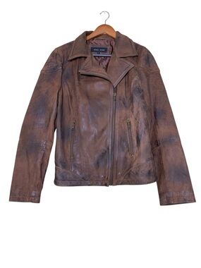 Black Rivet Women's Distressed Brown Leather Moto Jacket Trendy Large